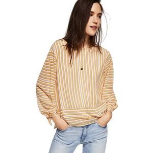 MNG NWT Suit Orange/Red/Blue Striped Tie Sleeved Sheer Lined‎ Blouse Size 2